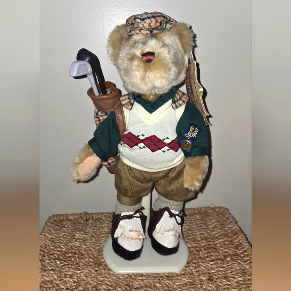 Vintage Brass Button Bear On Stand: Golf Sports Theme Crosby